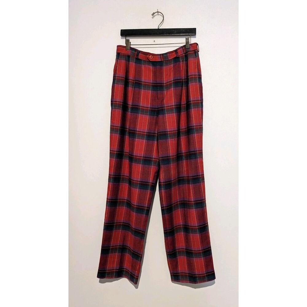 Vintage Pink Red Plaid Tartan Trousers Wool Pants High Waist 80s 90s 16 L/ XL